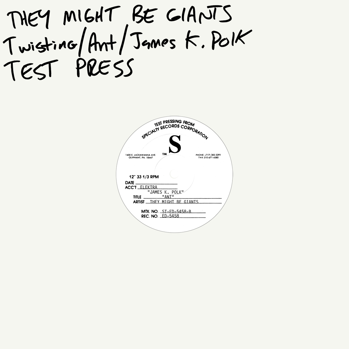 Specialty Records Corporation テストプレス盤 Specialty Records Test Pressing - TMBW: The They Might Be Giants